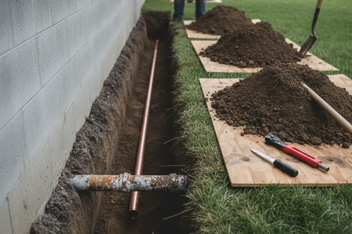 Excavated water line trench during Water Softener Installation in Powder Springs